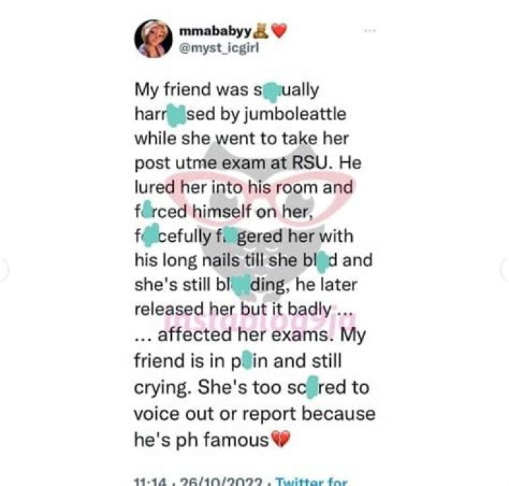 
He Made Her Bleed For Hours – Nollywood Actor, Jumboleattle Accused Of Sexually Harassing A Post-UTME Applicant 