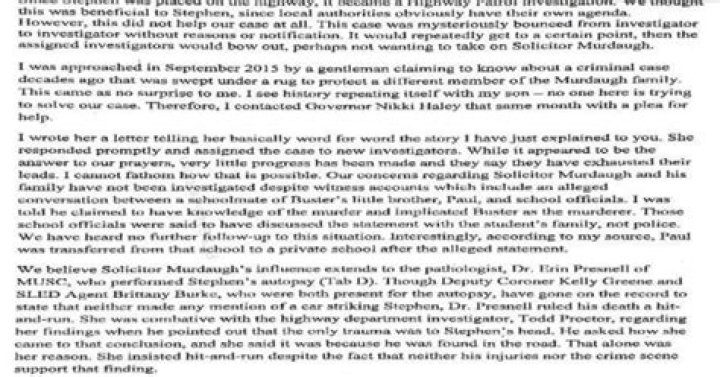 
What did Sandy Smith write in her letter? Stephen Smith’s mom allegedly accused Buster Murdaugh in a 2016 document 