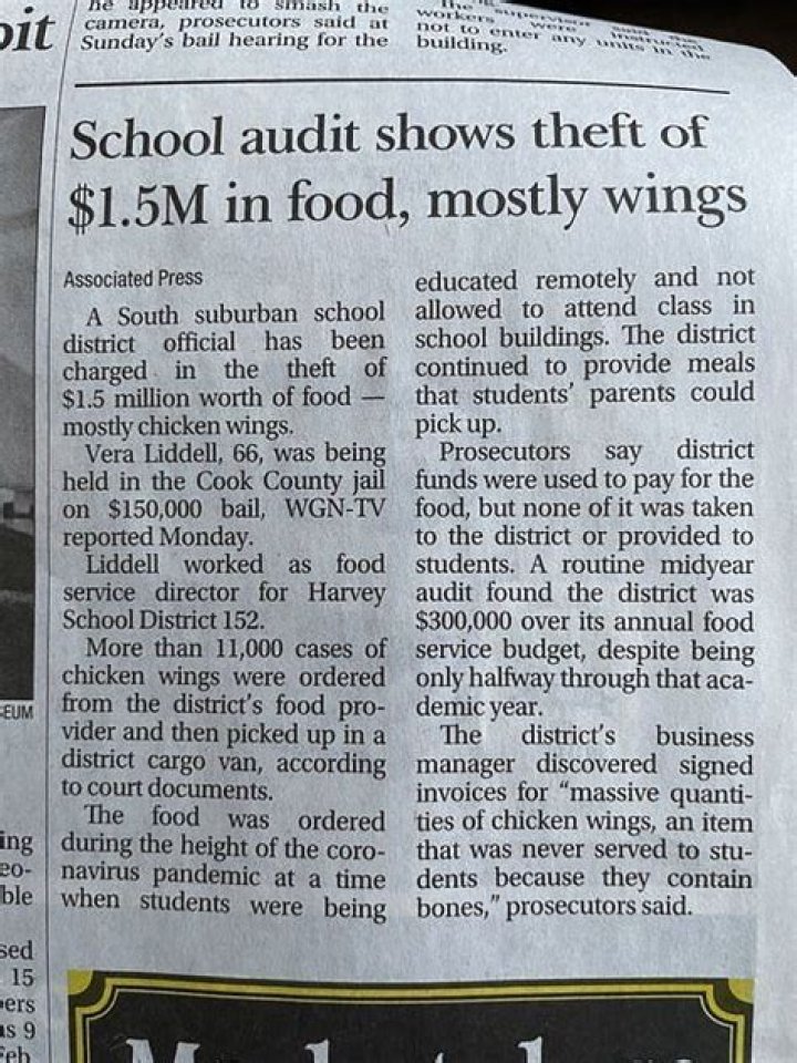 
What did Vera Liddell do? Illinois woman charged over stealing chicken wings from school district 